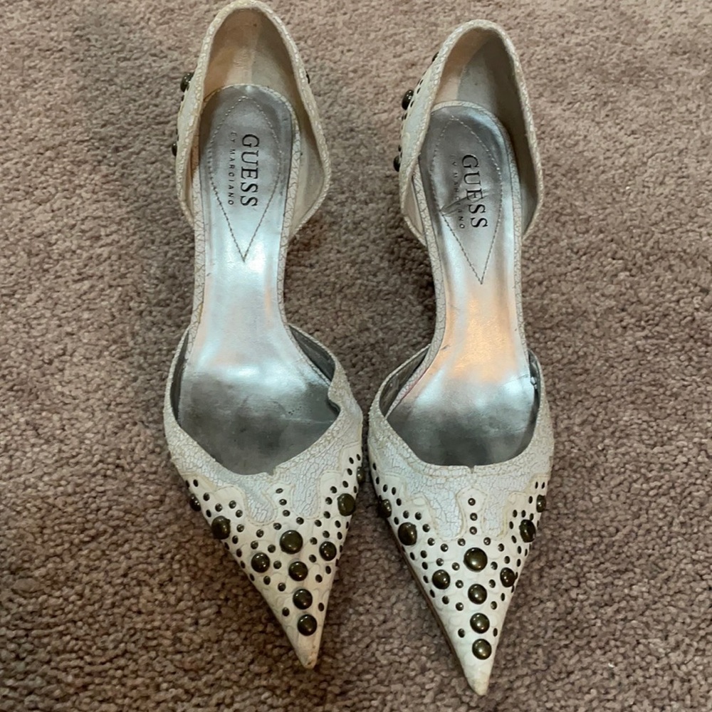 White distressed designer Guess heel with studs